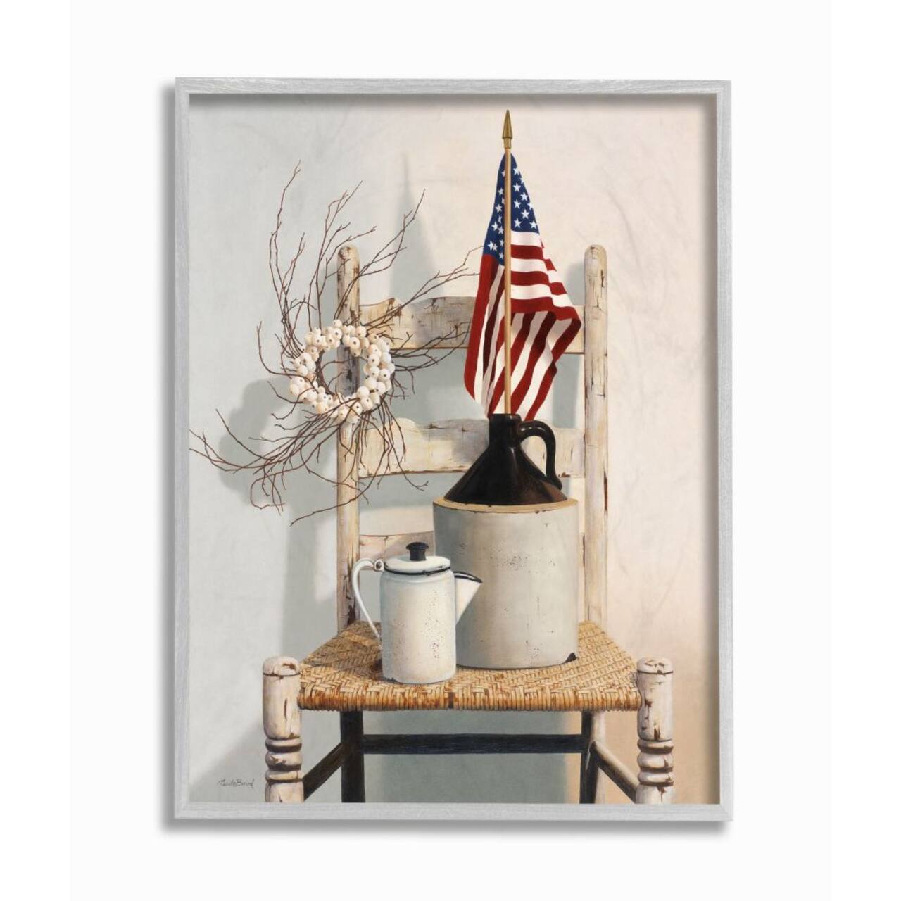 Stupell Industries American Flag Rustic Things Still Life Wall Art in Gray Frame